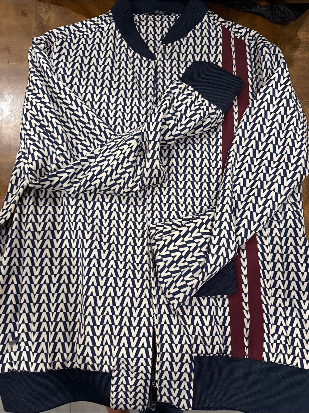 Valentino Navy & White Patterned Men’s Bomber Sweater with Burgundy Stripe 3k